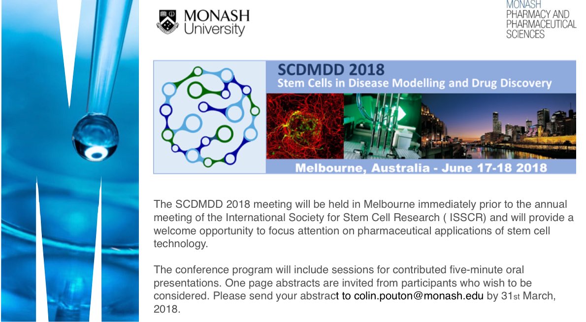 MonashPharm's tweet photo. 🌏 Conference Abstract Call: Stem Cells In Disease Modelling &amp; Drug Discovery (SCDMDD):

We are pleased to be hosting #SCDMDD immediately prior to the International Society of Stem Cell Research (@ISSCR) Annual Meeting in #Melbourne, June 2018. #ISSCR2018

https://t.co/5xC6a36XRi https://t.co/BoqYMtB6QA