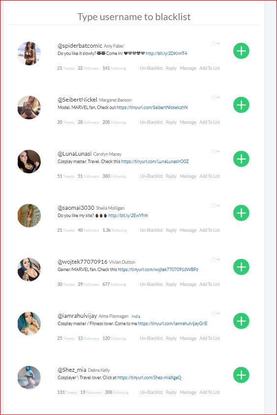 Having a #twitter clear out and blacklisted a few people - as you can see, mostly ladies (i think). Keep it clean for business.