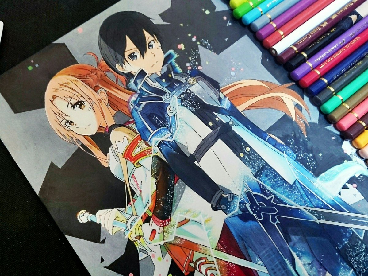 たかトゥ 新年初イラスト Saoのキリト アスナ描きました ー 背景有りと無し両方載せます Sao 模写 色鉛筆