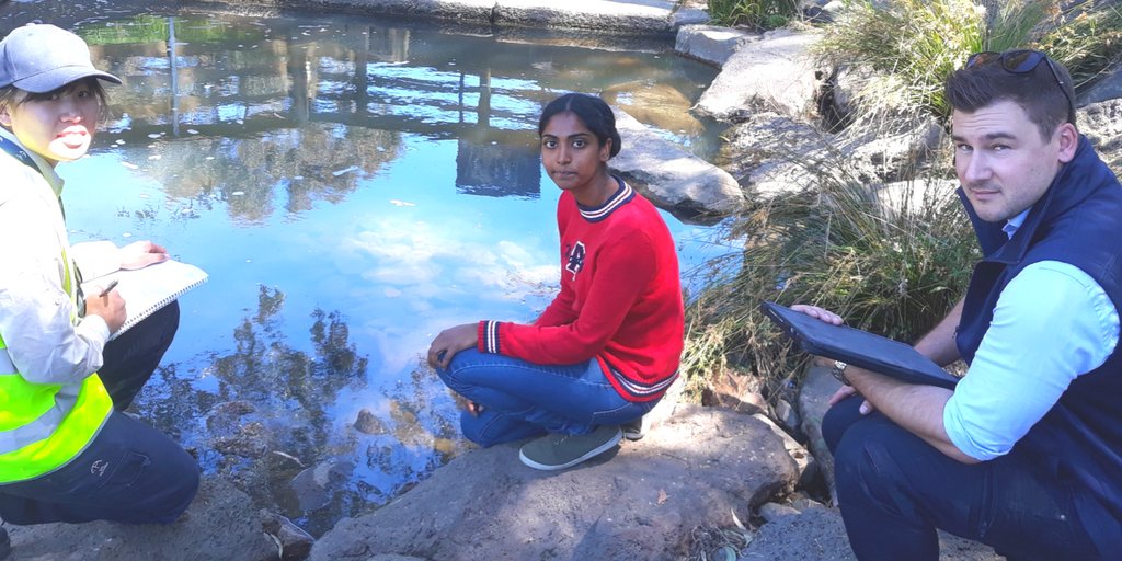VicGovEPA's tweet photo. EPOs Christina He &amp; Nick Huggett responding to Lorraine Manuel’s report of a milky substance in Scotchmans Creek, #MtWaverley. It cleared too quickly to be inspected indicating a low risk, but great work Lorraine for making the call. 
#ReportPollution call 1300 EPA VIC. https://t.co/mse1QjrYkf