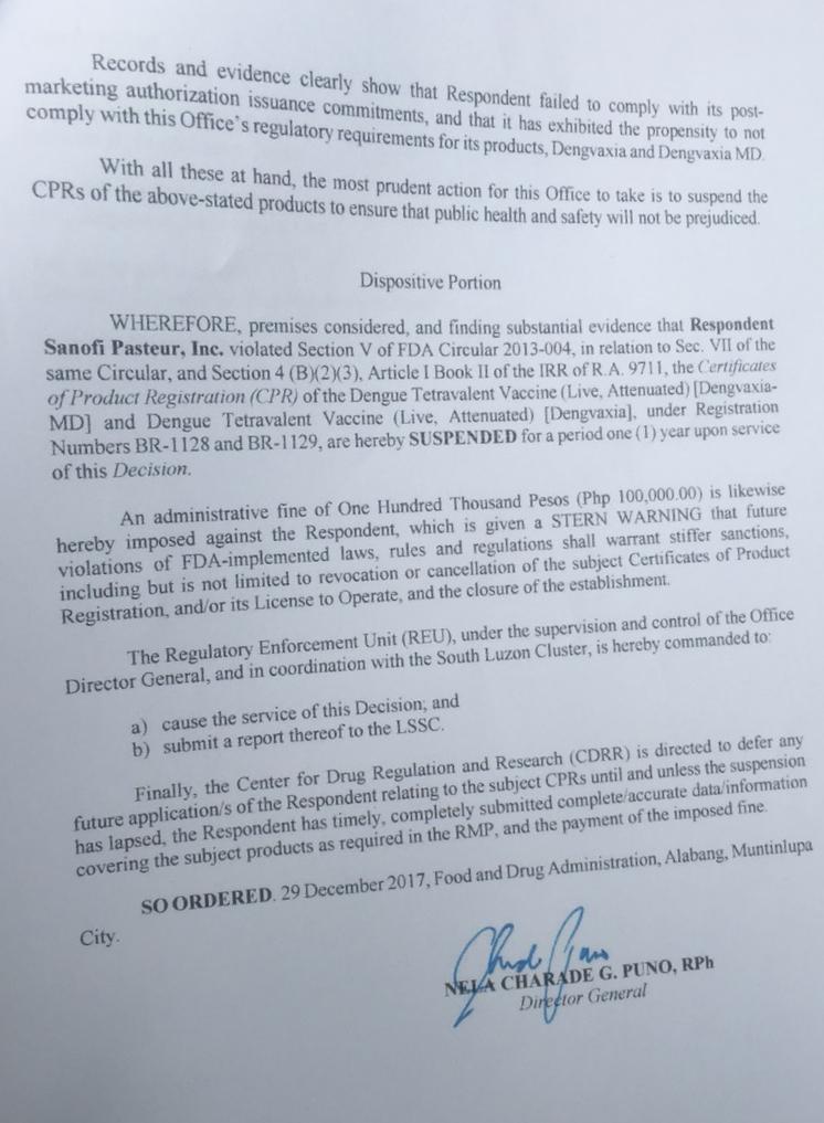 Food and drugs administration (fda) has suspended for one year the