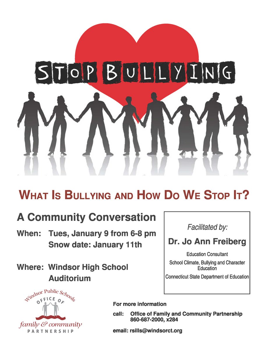 WPSwindsorct's tweet photo. Please join us for a community Bullying Workshop on Tuesday, January 9, 2018 from 6-8 p.m. at Windsor High School. https://t.co/z8ceGiZVTq