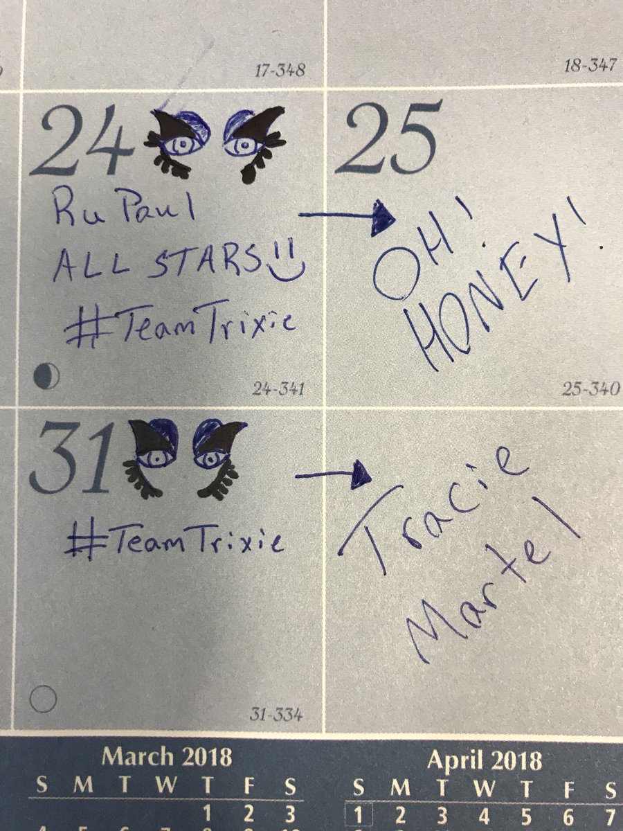GayChemist's tweet photo. I deleted my last tweet Bc Iโm an idiot and filled in the wrong day on my calendar but I fixed it. #AllStarsThree #TeamTrixie #OhHoney https://t.co/2WnUbXRKyp