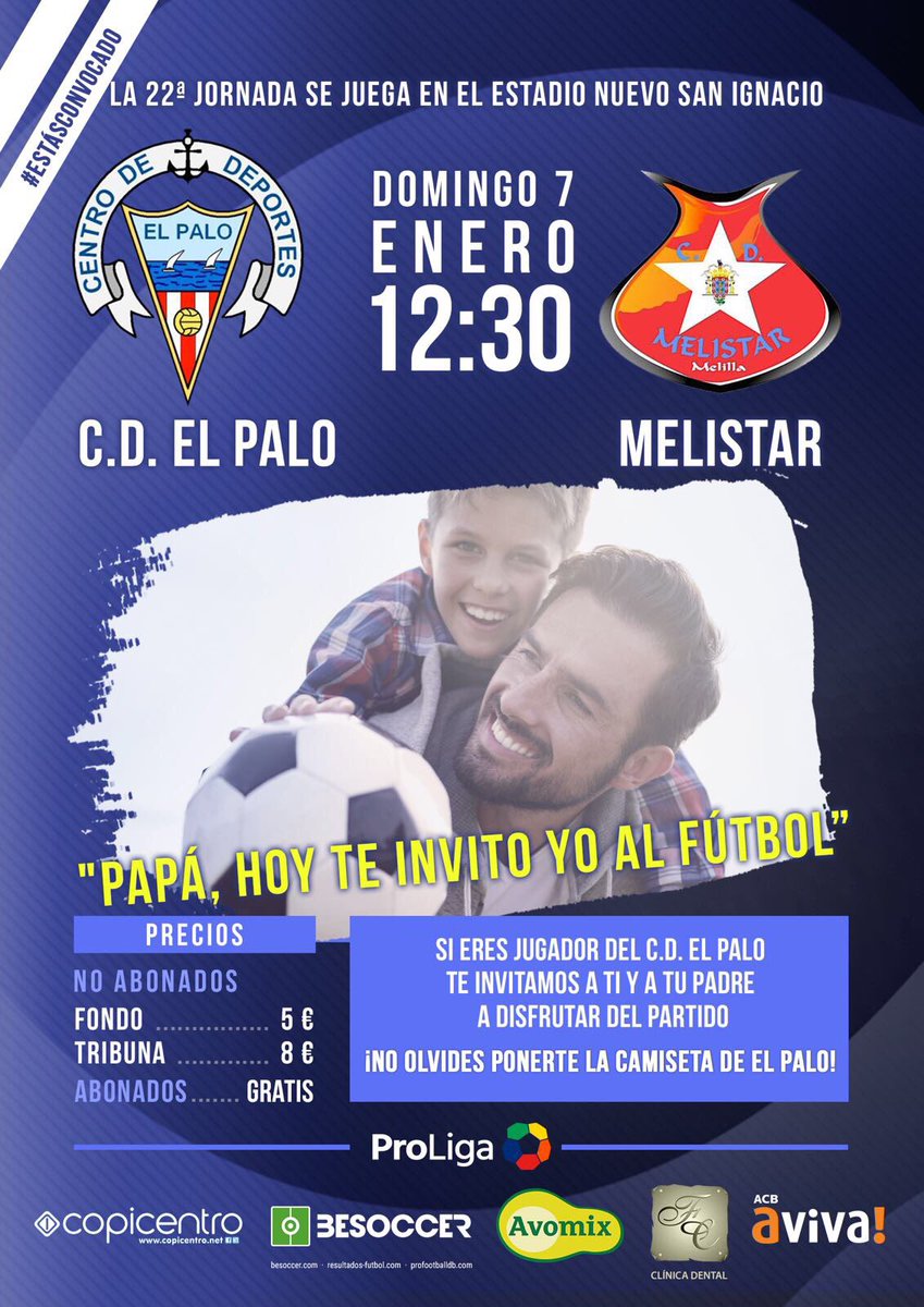 “Papá, hoy te invito yo al fútbol”

*Si eres jugador del @cdelpalo te invitamos a ti y a tu padre al primer partido del año en San Ignacio.👦🏻👨🏻⚽️

⏰12:30h
🏟 Nuevo San Ignacio
🏆 3ªDiv. GIX , 22ªJ.
⚽️ @cdelpalo 🆚 Melistar 

⚪️🔵¡ESE PALO OÉ!⚪️🔵