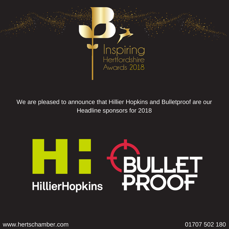 HertsChamber's tweet photo. Delighted to have @bulletproofsec and @HillierHopkins as our Headline Sponsors for the Inspiring Hertfordshire Awards. Want to enter, or find out more about our awards? Visit us here: https://t.co/A5wW7gGxMu https://t.co/MQ5g4FJVvV