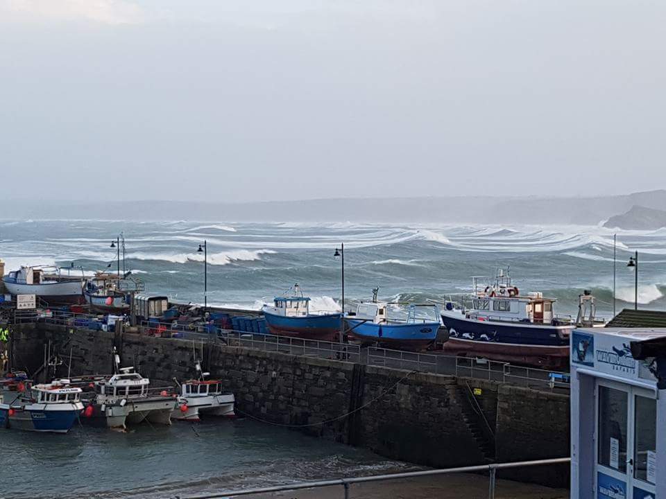 NewquayRNLI's tweet photo. #StormEleanor has caused damage near the lifeboat station overnight. With strong winds forecast to continue and this evening's high spring tide at 6.05pm, please keep a safe distance back from the sea and #RespectTheWater. Pictures: https://t.co/Ojd4taEMUM https://t.co/d1CU1Xqpvg
