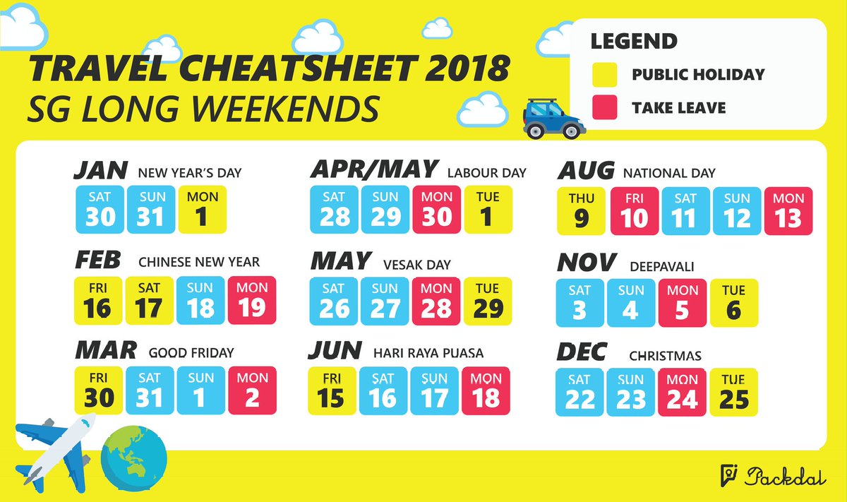 packdatsg's tweet photo. Whoopie! The official 2018 holidays are out! ✈️👏🏻 Save this cheatsheet and pack'em all 9 long weekends into your calendar! 😍🎉✨

Don't forget to retweet this good news with your friends and travel buddies! ✈️🌏💯

Let's get Packdat-ing: https://t.co/Q9DUtKpbYX https://t.co/sKP66HYD63