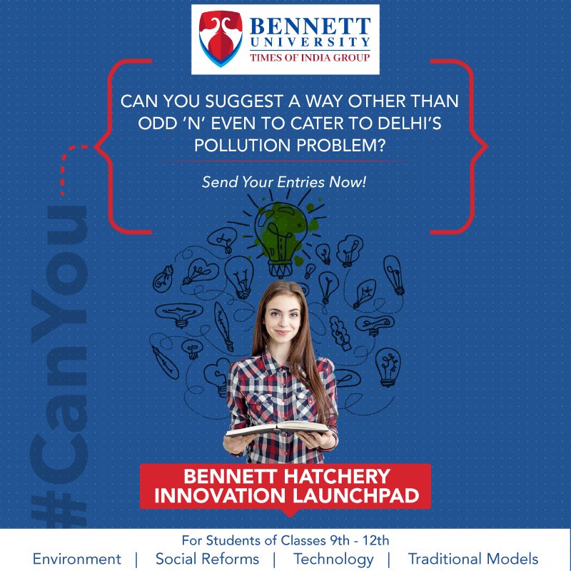 bennettuniv's tweet photo. Can You suggest a way other than Even โnโ Odd to cater to Delhiโs pollution problem?
Yes! Then, Register here - https://t.co/qyMjXNK6OG
Entries open for all students of classes 9th to 12th under the categories #Environment #Technology #TraditionalModels #SocialReforms https://t.co/Q146cDPOMD
