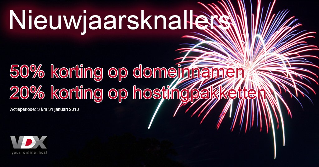 De VDX Nieuwjaarsknallers zijn begonnen! Profiteer de gehele maand januari van 50% #korting op #domeinnamen en 20% korting op #hosting. Waar wacht je nog op? Bestellen kan hier: ow.ly/mTaY30hwWFe