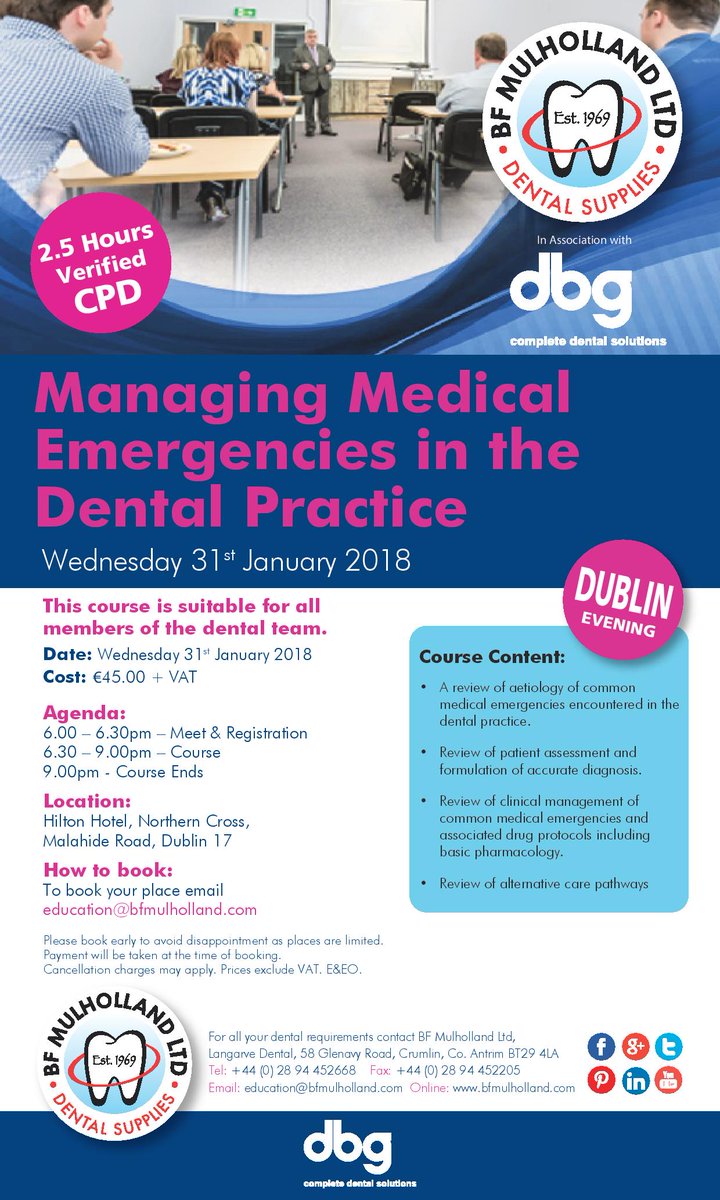 BF Mulholland Ltd (@bfmulholland) on Twitter photo Book your place on our upcoming Medical Emergencies Seminar being held at the Hilton Hotel in Dublin on 31st January 2018.
Places are limited so book your place early to avoid disappointment.
Book your place by contacting education@bfmulholland.com
#Training #OneStopShop Book your place on our upcoming Medical Emergencies Seminar being held at the Hilton Hotel in Dublin on 31st January 2018.
Places are limited so book your place early to avoid disappointment.
Book your place by contacting education@bfmulholland.com
#Training #OneStopShop