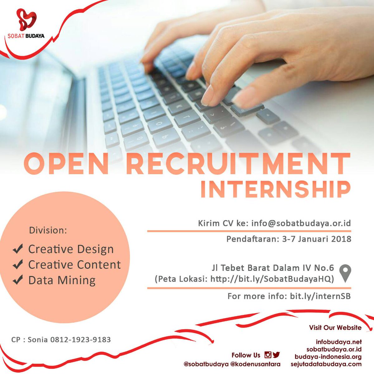 Kalian tertarik dg dunia desain, menulis kreatif atau pendataan? Yuk gabung dlm open recruitment internship kita! Info lebih lengkap klik bit.ly/InternSB #KodeNusantara #AjakPresidenDataBudaya l