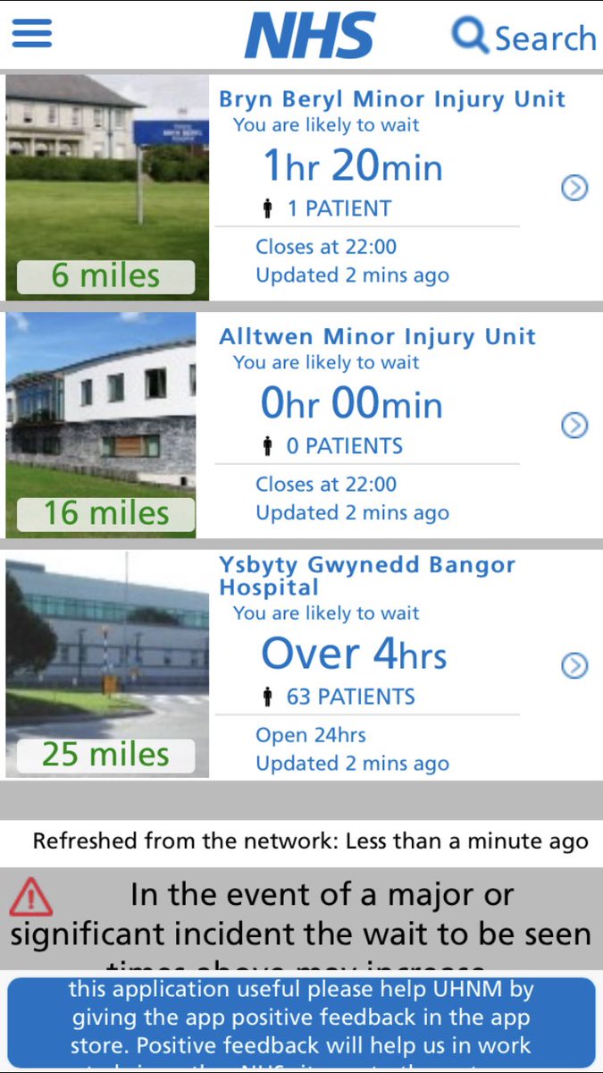 LSRPlaid's tweet photo. Dyma adnodd ffôn sy’n dweud amser aros mewn adrannau damweiniau brys ysbytai ardal @BCUHB
#LiveWaitTimes - useful ap for A&E waiting times in Betsi hospitals https://t.co/3j3AZEwrZv