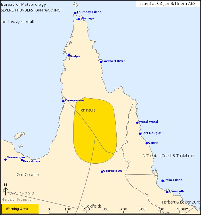 BOM_Qld's tweet photo. Severe #QldStorm for the #Peninsula, #GulfCountry & #NorthernGoldfields for heavy rainfall. A very large thunderstorm complex has developed across the region. Should shift slowly west overnight. Warnings: https://t.co/R5YWlHXX6v #Palmerville #WrothamPark #Dunbar https://t.co/OIF4c1OaAs