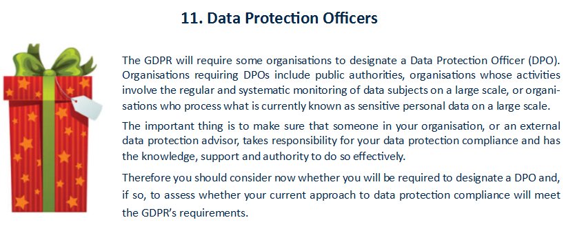 "The important thing is to make sure that someone in your organisation... takes responsibility for your data protection compliance" #step11 of <a href="/DPCIreland/">Data Protection Commission Ireland</a> #12stepstoGDPR with #12tweetsofChristmas for #GDPRcompliance #GetReady #dataprotection #eudatap Link-
bit.ly/2lJF5mA