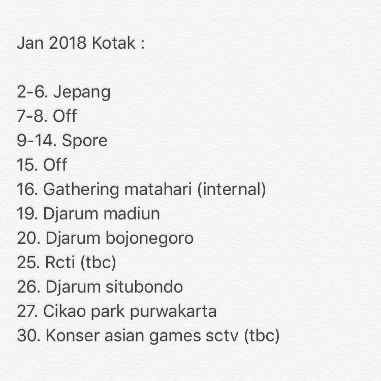 Bismillah, berikut jadwal show Kotak di Januari 2018, siapkan energinya buat kota2 yg didatangi Kotak cc. <a href="/tantrikotak/">Tantrisyalindri</a> @cellakotak <a href="/WarnerMusicID/">WarnerMusicID</a> <a href="/AldiNovianto12/">Aldi Novianto</a>