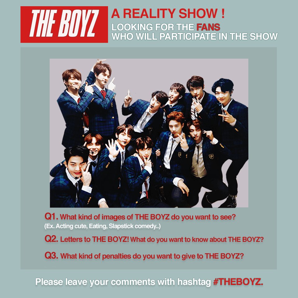 1theK's tweet photo. #THEBOYZ's NEW REALITY SHOW is coming soon! 
Please tell us whatever you want to see from THE BOYZ in the show! Tweet as reply mention with hashtag #THEBOYZ 😃 https://t.co/Ril2WLzXQ0
