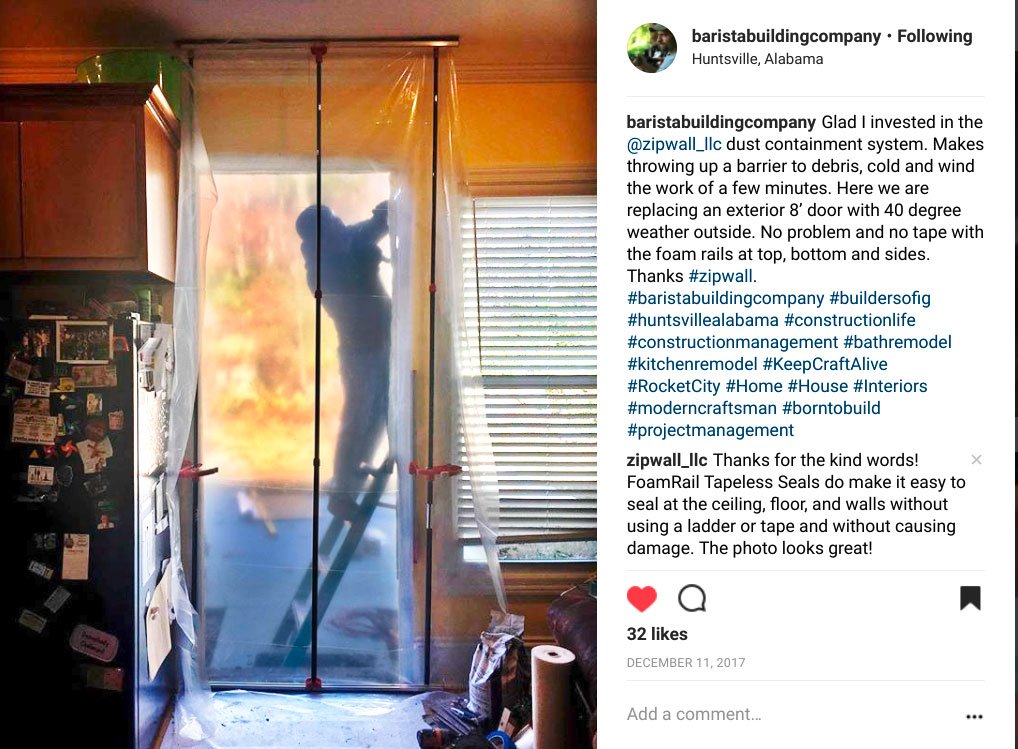 We love seeing ZipWall in action on Instagram! This image is from Barista Building Company in Huntsville, Alabama. Contractors, share your jobsite images of ZipWall on Instagram - tag us @ZipWall_llc and use the hashtag #zipwall. instagram.com/zipwall_llc