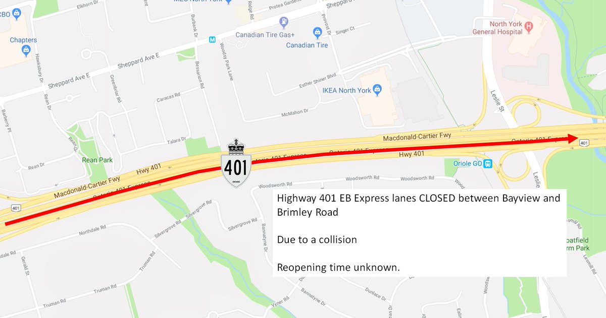 OPP_GTATraffic's tweet photo. UPDATE: ROAD CLOSURE: #Hwy401 EB Collector lanes remain CLOSED at Warden Ave  - #Hwy401 EB Express lanes remain CLOSED approaching Leslie St  to Brimley.  All Hwy 401 EB traffic being forced off at Warden Ave. Traffic able to re-enter Hwy 401 at Kennedy Rd. ^ag https://t.co/hqkqCqGOJp