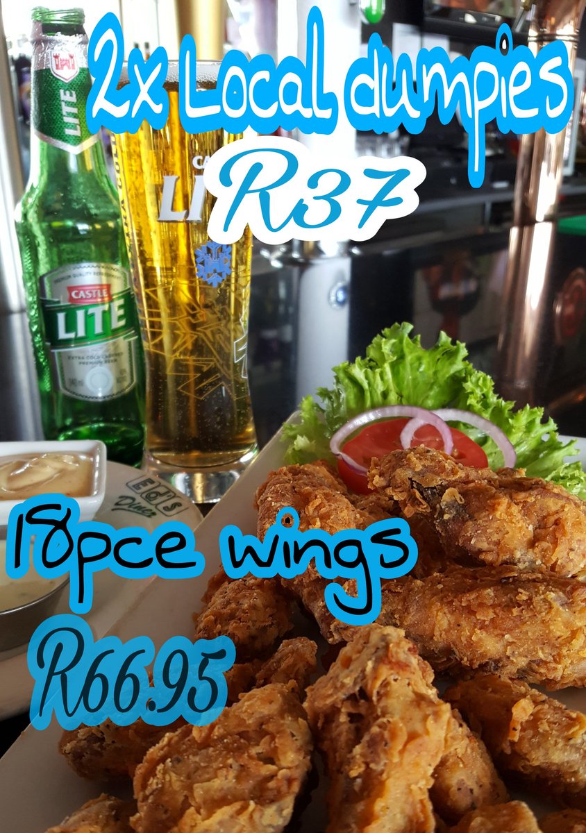 Wings &amp; Beer:  Best friends forever!  
2   local beer dumpies R37
18 piece wings   R66.95
Regret no Take Out.  T's &amp; C's apply.