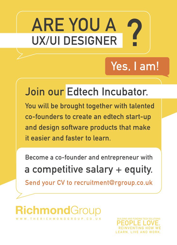 RichmondGroup's tweet photo. We’re hiring a UX / UI Designer to join our edtech incubator in central London.

Send your CV to recruitment@rgroup.co.uk #entrepreneur #designer #edtech #incubator #tech https://t.co/NwiWpCFyr4