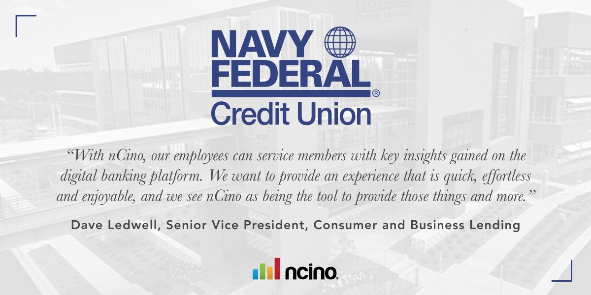ncino's tweet photo. .@NavyFederal, the world's largest credit union, will leverage @ncino's Bank Operating System to support its growing membership, streamline processes &amp; optimize systems. #fintech #cloudbanking https://t.co/XHbW28mLRk https://t.co/L3t4kCvCDO