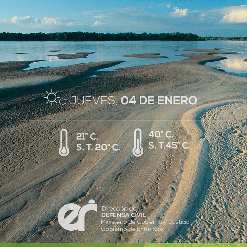 DefensaEr's tweet photo. Temperatura Mínima pronosticada: entre 21 a 23° C. / S. T. mínima: 20 a 22° C. Menores sobre el Sudoeste de la pcia.
Temperatura Máxima pronosticada: entre 37 y 40° C. / S. T. máxima: 42 a 45° C. Mayores sobre el Centro de la pcia. https://t.co/yCUeGT5CJu