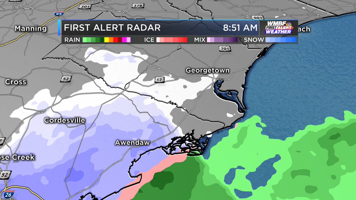 MarlaBranson's tweet photo. This winter storm is starting to unfold. Snow is moving into McClellanville  and will push into Georgetown County shortly. https://t.co/oxuexYFbmy