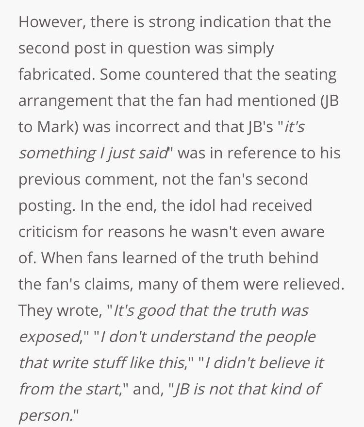 example 17: jbthanks to @/summerdaisy7! jb was accused of making sexual jokes even though everything doesn’t add up. they did state it was most likely fabricated but the headline is super misleading for ppl who don’t bother to stop and read the articles themselves