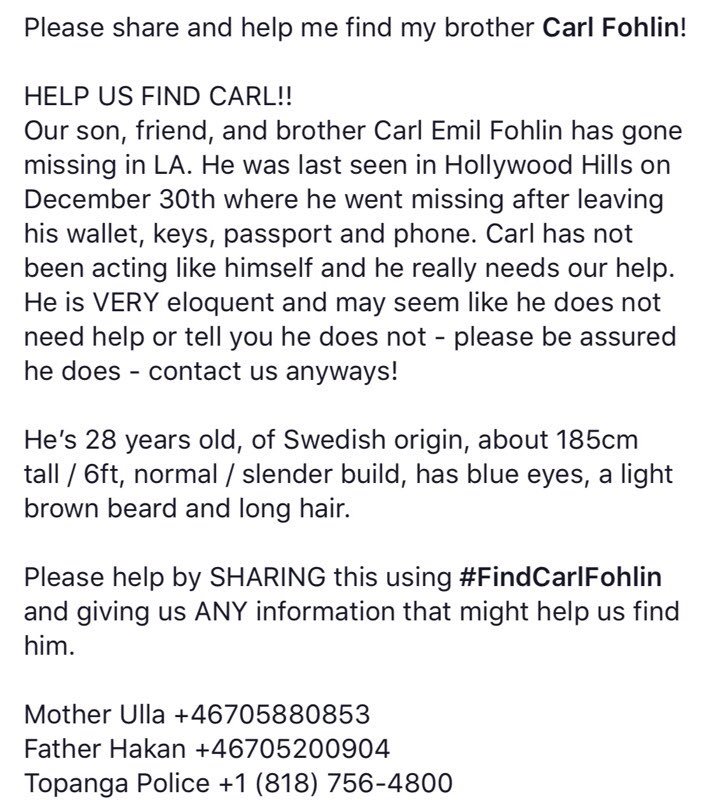 likemike's tweet photo. Hi guys, one of our closest friends, Carl, has gone missing in the LA/Hollywood area. If you have any information concerning his location please contact us +1(818)756-4800 (Topanga Police) https://t.co/GHgqvZ9UmR