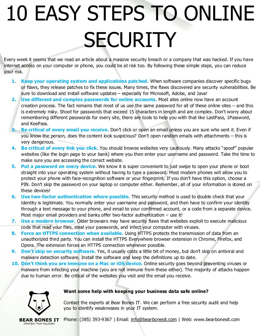 bearbonesit's tweet photo. Easy to follow steps that will help you and your team at the office stay safe online. Feel free to share! #ITServices #ITSecurity https://t.co/KTB9CCMjvy