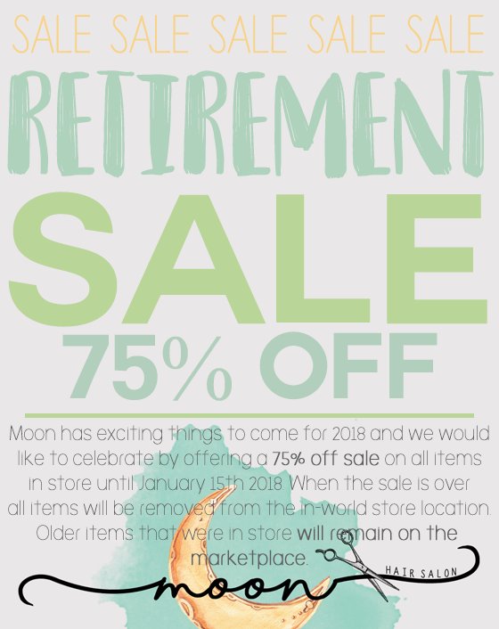FreebieCorner's tweet photo. 75% off Retirement Sale @ Moon Hair Salon (January 2 - 15) https://t.co/14jdAsHUVM #SecondLife #SLSale https://t.co/khXvbtgRGF