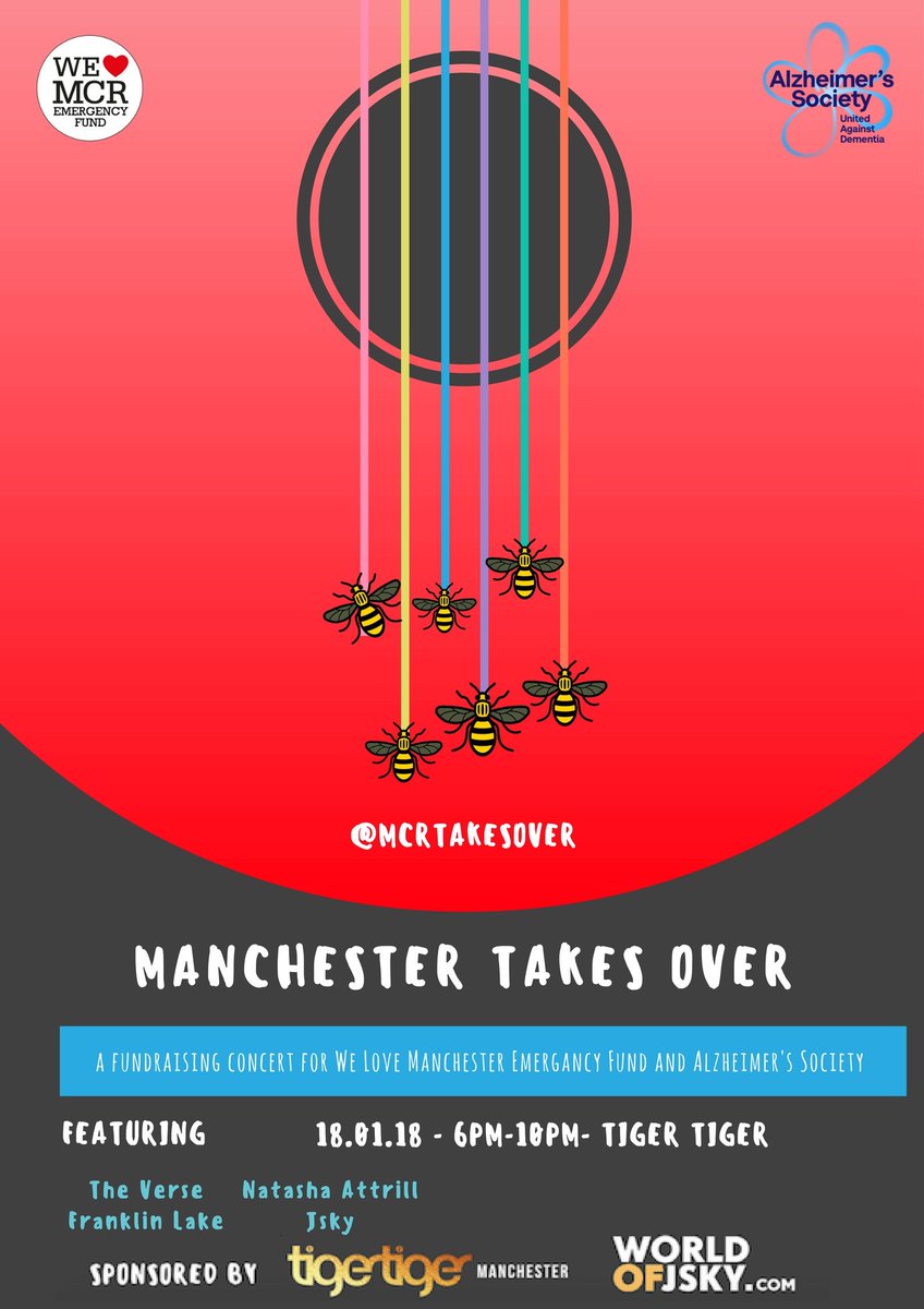 Tickets are still avail for <a href="/MCRTakesOVER/">Manchester Takesover</a> sponsored by <a href="/TigerTigerMCR/">Tiger Tiger Manchester</a> and WorldofJsky.com 

With live performances by
<a href="/TheVerseOFF/">The Verse</a> 
<a href="/FranklinLake_/">Franklin Lake</a> 
<a href="/Natashaattrill/">Natasha</a> 
<a href="/jskychat/">Jsky</a> 

In aid of <a href="/WeLoveMCRfund/">We❤️Mcr Fund</a> and <a href="/alzheimerssoc/">Alzheimer's Society</a> 

eventbrite.co.uk/e/mcr-takes-ov…