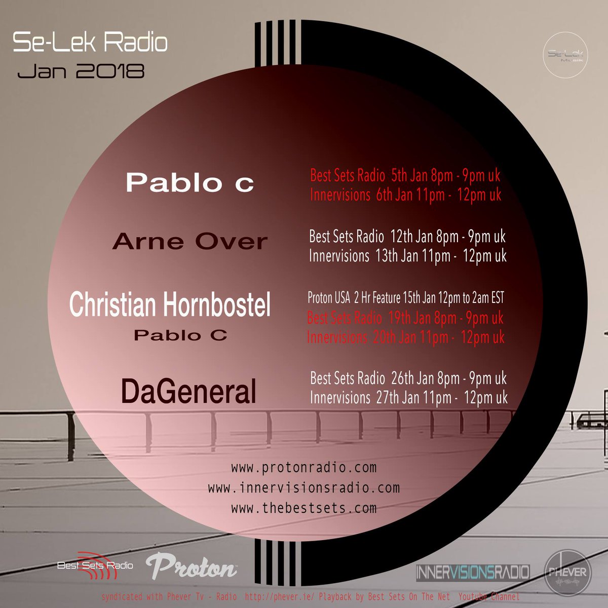 Se-Lek Musik radio this month Jan includes...
<a href="/DJ_PabloC/">Pablo©</a>  <a href="/arne_over/">Arne Over</a> <a href="/hornbostel/">christian hornbostel</a> and <a href="/dageneraldj/">Alan Lumley (DaGeneral)</a> 
Starting Friday 5th January with <a href="/TheBestSets/">Best Sets On The Net</a> Radio as well as stations <a href="/ProtonRadio/">Proton Radio</a> &amp; Innervisions Radio <a href="/IVRmusic/">IVR Music</a> 
#selekradio #selekmusik #techno #progressive