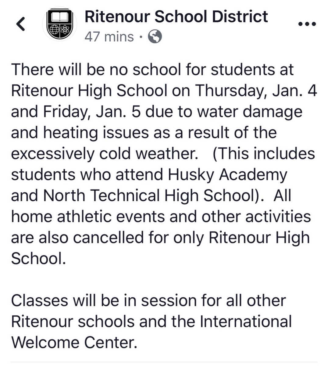 Ritenour_HS's tweet photo. It’s official...all other schools in the district will be back in session tomorrow. RHS students will report on Monday. #gohuskies https://t.co/ubQZPmcb5P