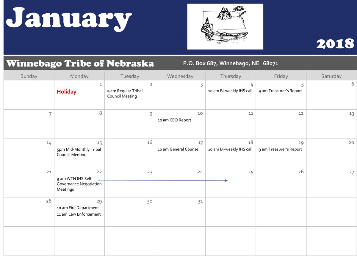 Winnebago Tribal Council Calendar for January 2018
