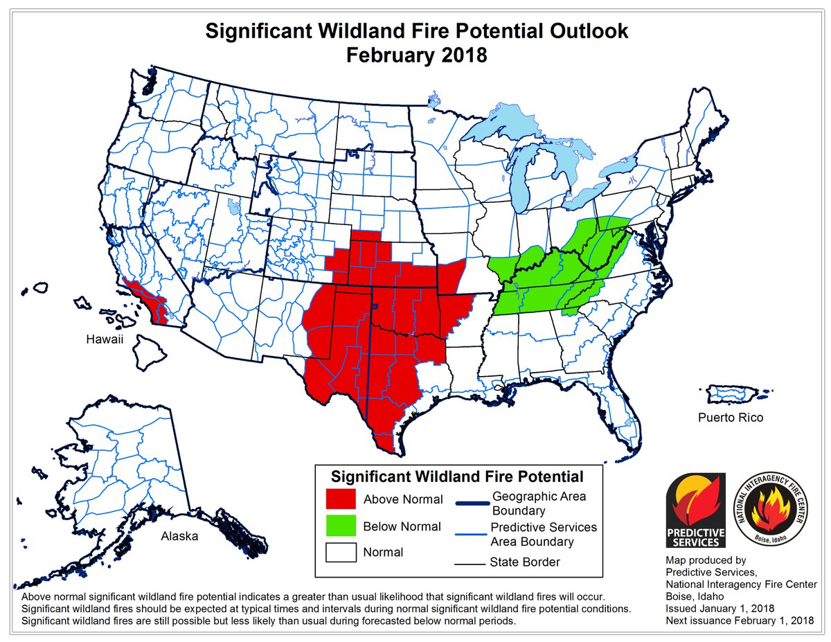 DOIWildlandFire's tweet image. The National Significant Wildland Fire Potential Outlook has been updated for January, February, March through April 2018 🔥
#FireSeason #PredictiveServices 
predictiveservices.nifc.gov/outlooks/month…
