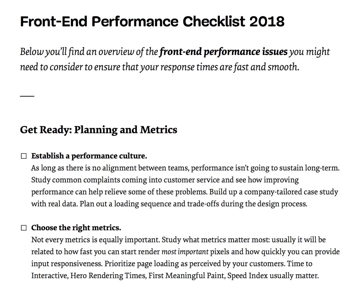 smashingmag's tweet photo. 🏎💨 Let’s make 2018… fast! “Front-End Performance Checklist 2018” (incl. PDF/Pages) — with everything you need to know to build fast experiences today.
https://t.co/PhuXR0gIL4

With kind contributions from @yoavweiss @addyosmani @MarkZeman @patmeenan and so many others. ❤️ https://t.co/9Yrm3qzyF2