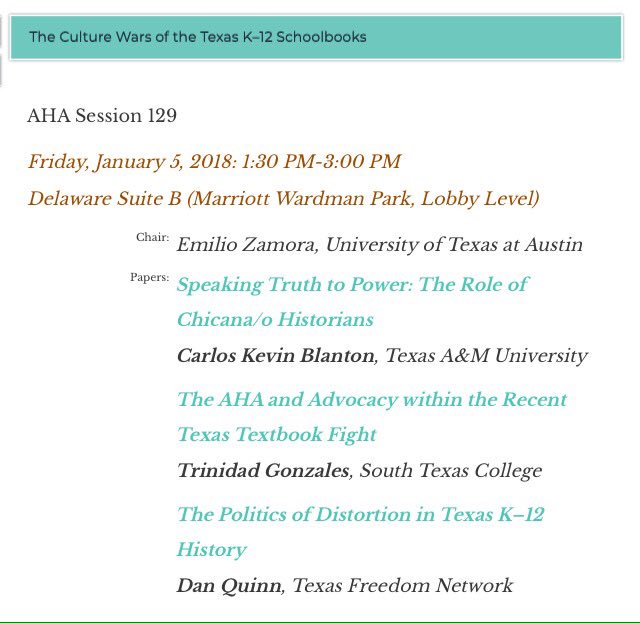 UT_HistDept's tweet photo. #Don'tmiss these #AHASessions! #UTHistory #Professor Emilio Zamora & #PhDCandidates @ChloeIreton @thehistoriann & Eyal Weinberg will be presenting at #aha18 !! @AHAhistorians #twitterstorians @UTAustin https://t.co/N5FyAg1uUg