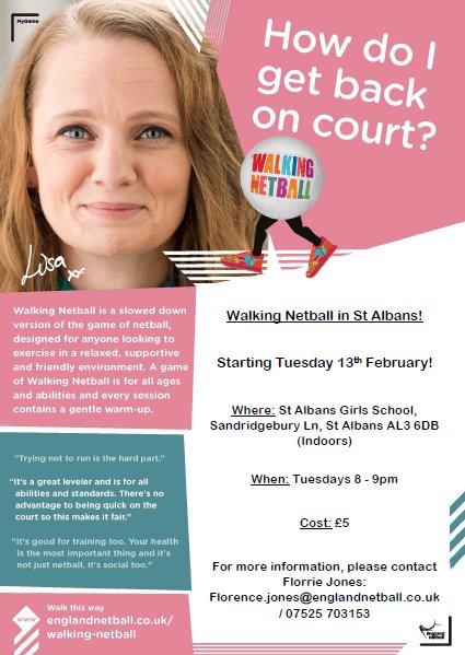 ActiveStAlbans's tweet photo. Brand new #Walking #Netball session launching this February in #StAlbans @allaboutstalban #HertsYOPA18 #MoveMoreFeelGreat #GetActive #HealthyLives @HertsNDO @netballeast @mumsguideto @BeingMrsC @themummysphere https://t.co/xxKC3DFkrB