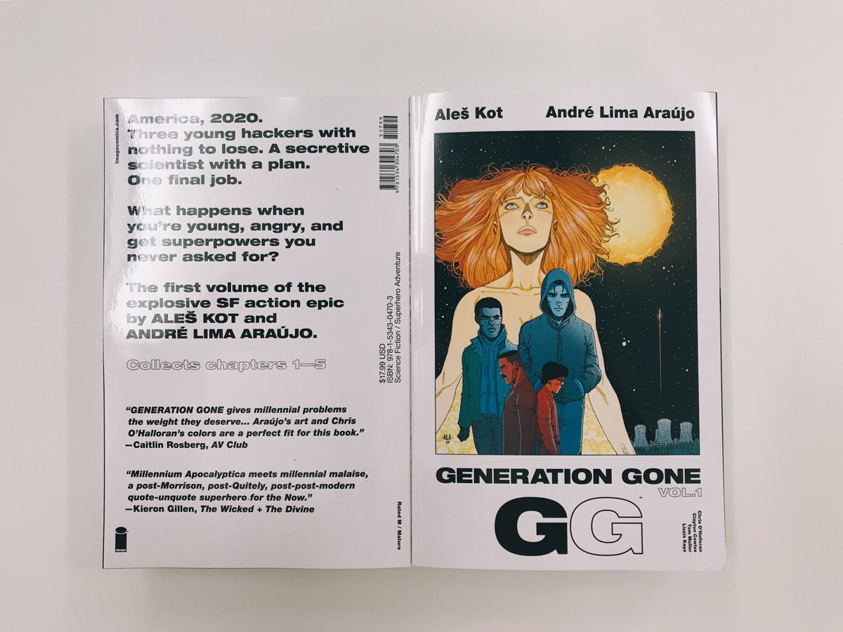 hellomuller's tweet photo. #GENERATIONGONE GONE Vol.1 is in stores today! One book, one story! Here’s a snapshot of my publication design for the book, featuring a brand new cover piece by @erdna11 . #GG #graphicnovel #bookdesign #comics https://t.co/WrdofHv7ka