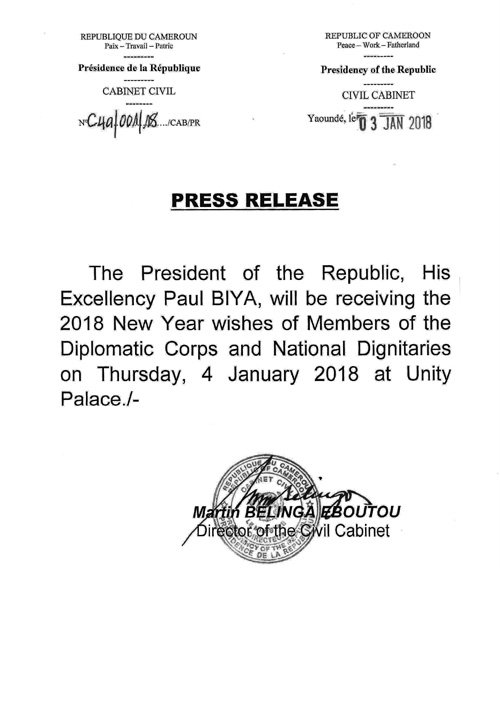 PRC_Cellcom's tweet photo. #UnityPalace Press Release: 
Members of the Diplomatic Corps and National Dignitaries will present #2018NewYear wishes to President #PaulBiya on Thursday 4 January ➡️➡️🇨🇲https://t.co/ZJF2NycJ6g
#Cameroon #Yaounde #2018Wishes https://t.co/fb9QmpG511