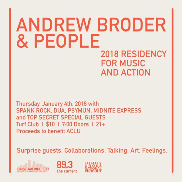 TOMORROW - <a href="/TurfClubMN/">Turf Club</a> 
Night 1 of @AndrewBroder + PEOPLE
w/ @SpankandBlank, <a href="/doitlikedua/">dua saleh</a>, <a href="/psymun/">🇵🇸</a>, <a href="/mnxsingers/">Midnite Express</a>, + more

$$ goes to <a href="/ACLU/">ACLU</a> - 7PM 
Come out and hang. It'll help.