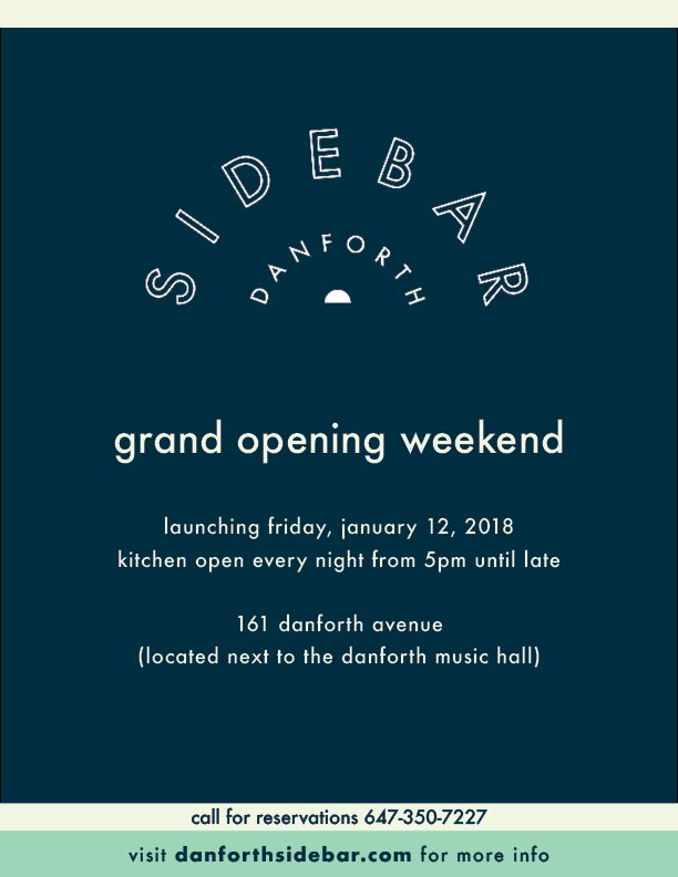 DanforthSideBar's tweet image. Join us next weekend for our official grand opening. We&apos;ll be open for dinner everyday, so pop in for a bite before or after a @TheDanforthMH show, or any other night of the week.

You can call ahead for reservations: 647-350-7227

We hope to see you next weekend!