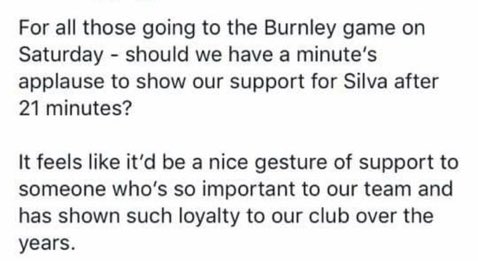 What a great idea.. blues all over should repost or retweet to make sure all the city supporters going to Man City vs Burnley know about this gesture. 

APPLAUSE AT 21 MINUTES FOR D.SILVA 

#MCFC #MANCITY