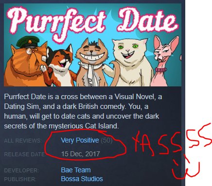 PurrfectDate's tweet photo. Yassss, we did it! Thank you! We've hit 50 reviews on steam and our pawsitive rating has become 'Very' pawsitive! https://t.co/lpcVPkyPMm https://t.co/YicpqxQMBj