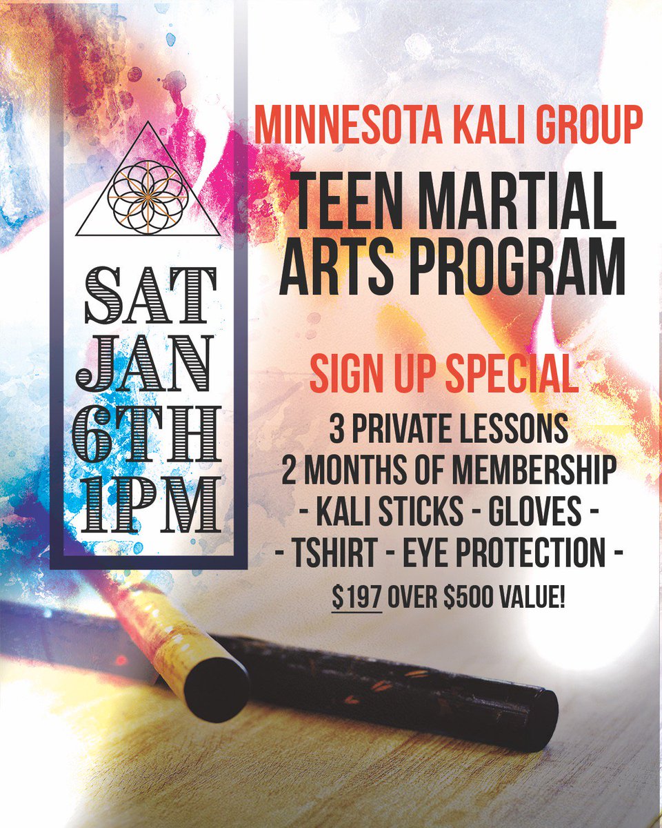 mnkali's tweet photo. To prepare for the launch of the MKG Teen Program we are offering a sign up special!! This offer includes 2 months of membership, 3 private lessons, MKG T-shirt, kali sticks, gloves and eye protection! Yes, you read that right!! All that gear and private lessons for only $197! https://t.co/jY4yt9rSng