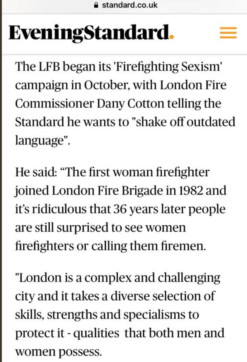I'm guessing quite a few people pointed out to <a href="/EveningStandard/">nope s</a> that Dany Cotton is the first FEMALE Commissioner of the London Fire Brigade - <a href="/LFBCommissioner/">LFB</a>.  In a piece about sexist language relating to fire services no less! #everydaysexism #everydayirony