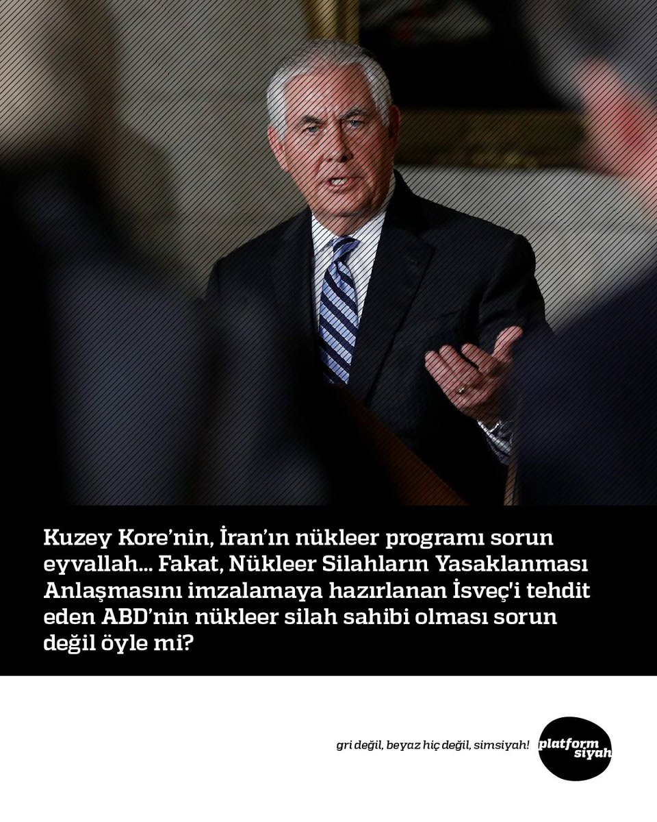 #KuzeyKore’nin, #İran’ın nükleer programı sorun eyvallah... Fakat, #Nükleer Silahların Yasaklanması Anlaşmasını imzalamaya hazırlanan #İsveç'i tehdit eden #ABD’nin nükleer silah sahibi olması sorun değil öyle mi?