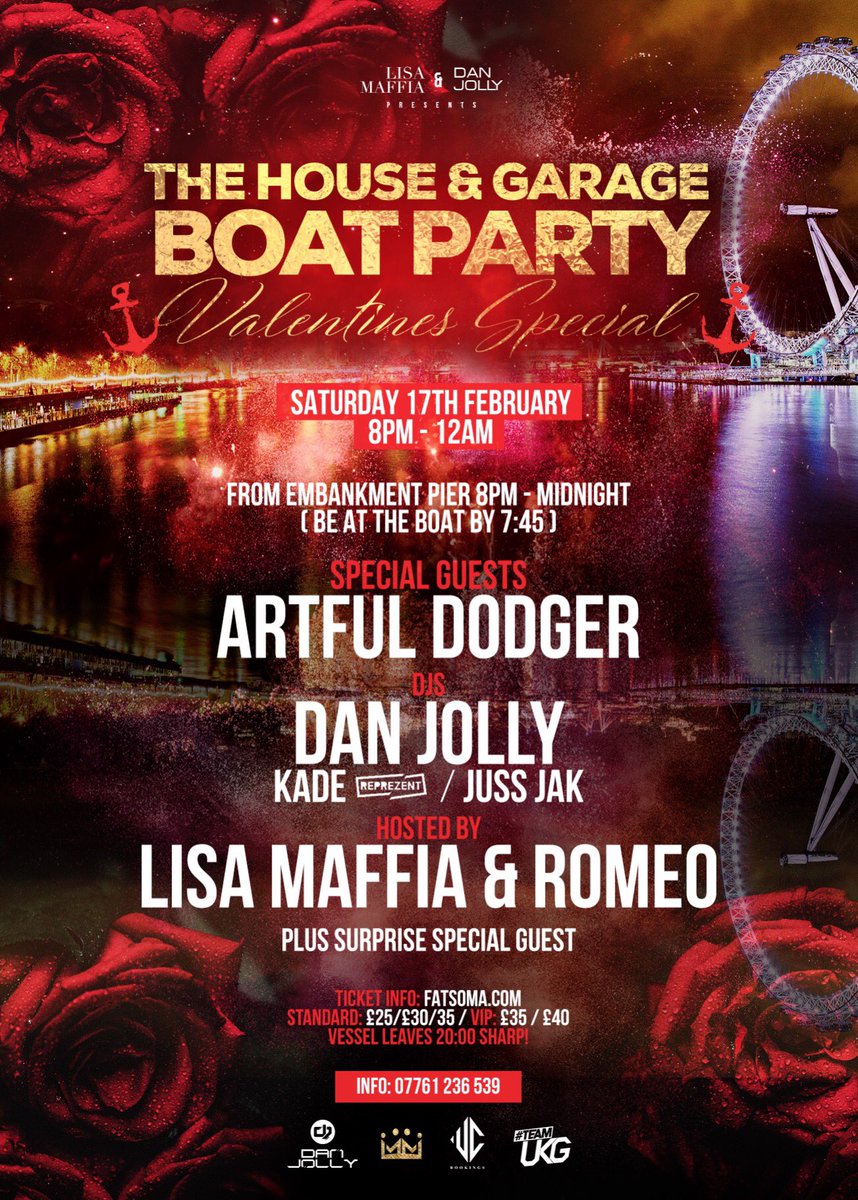 Our next boat party !!! 

<a href="/Lisamaffiauk/">LISA MAFFIA</a> <a href="/DJDanJolly/">Dan Jolly</a> 

Tickets: fatsoma.com/TeamUKG/w6hu16…