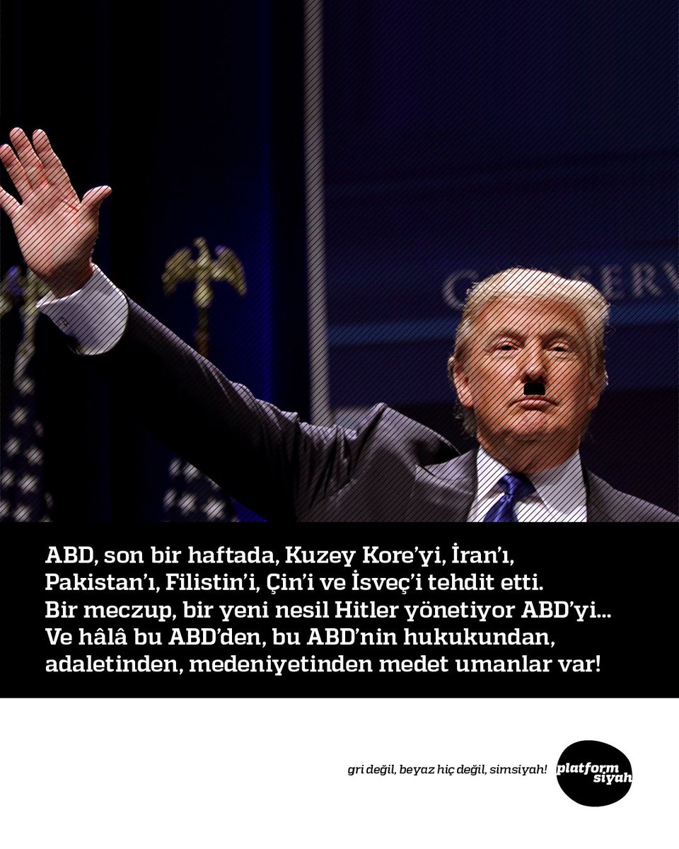 #ABD, son bir haftada, #KuzeyKore’yi, #İran’ı, #Pakistan’ı, #Filistin’i, #Çin’i ve #İsveç’i tehdit etti.
Bir meczup, bir yeni nesil #Hitler yönetiyor ABD’yi...
Ve hâlâ bu ABD’den, bu ABD’nin hukukundan, adaletinden, medeniyetinden medet umanlar var!